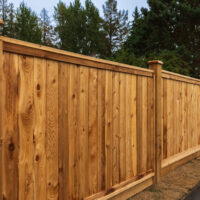Big new wooden fence around the house and trees. Wooden fence with green trees . Fencing and gates. High quality fence. Street photo
